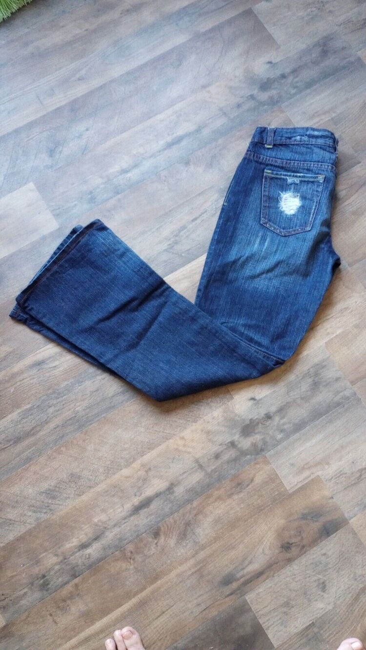 Revolt Women's Sz 9 Jeans Flare leg Distressed Dark Wash Low Rise Y2K 90s Grunge
